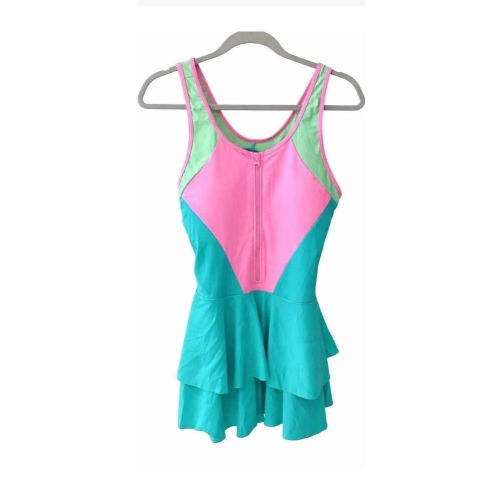 Uniquebella Women’s Colorblock Swimsuit Dress XL | Neon Pastel Tummy Control